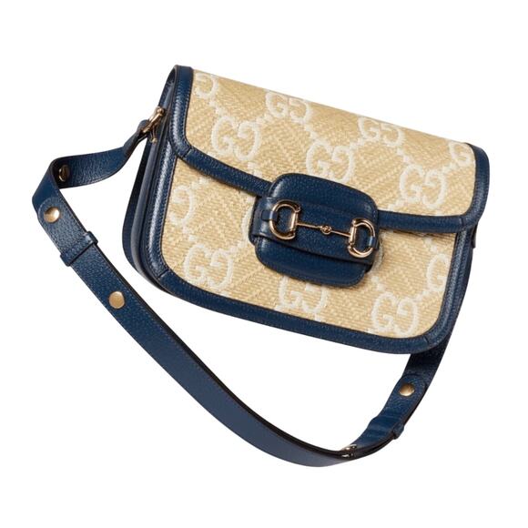 Gucci GG Raffia Calfskin Monogram Horsebit 1955 Mystic White Blue Agata NWT - Picture 2 of 11